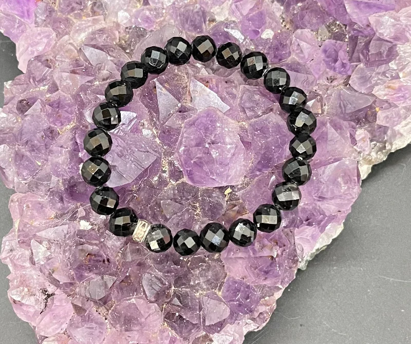 women leather bracelets -Black Tourmaline Faceted 8mm Stretchy Bracelet