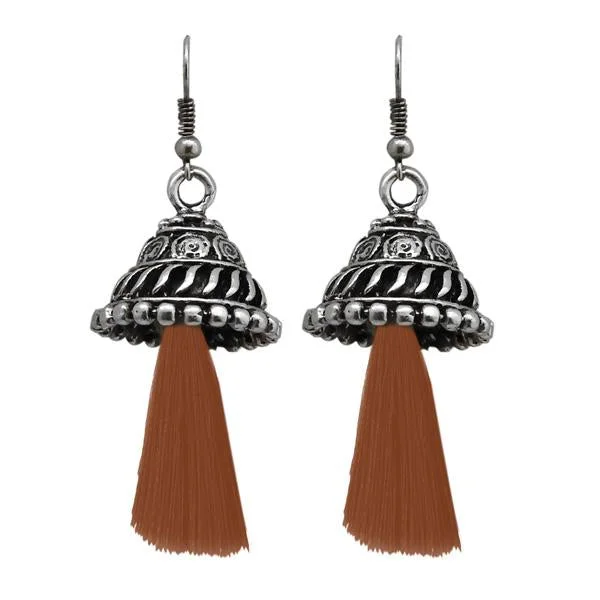 women silver drop earrings -Tip Top Fashions Brown Thread Rhodium Plated Earrings - 1312312F