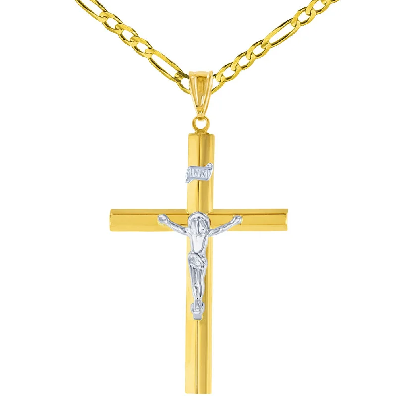 women anniversary necklaces -14K Yellow Gold & White Gold Large Tube Crucifix Six Sided Cross Pendant Necklace