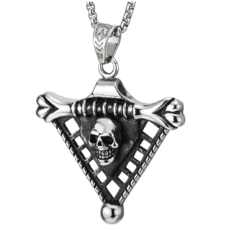 women infinity necklaces -Mens Cool Stainless Steel Grid Triangle Bone Skull Pendant Necklace with 30 inches Wheat Chain