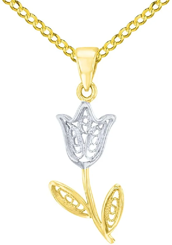 women delicate necklaces -14K Yellow Gold Filigree Tulip Flower Pendant with Cuban Chain Necklace