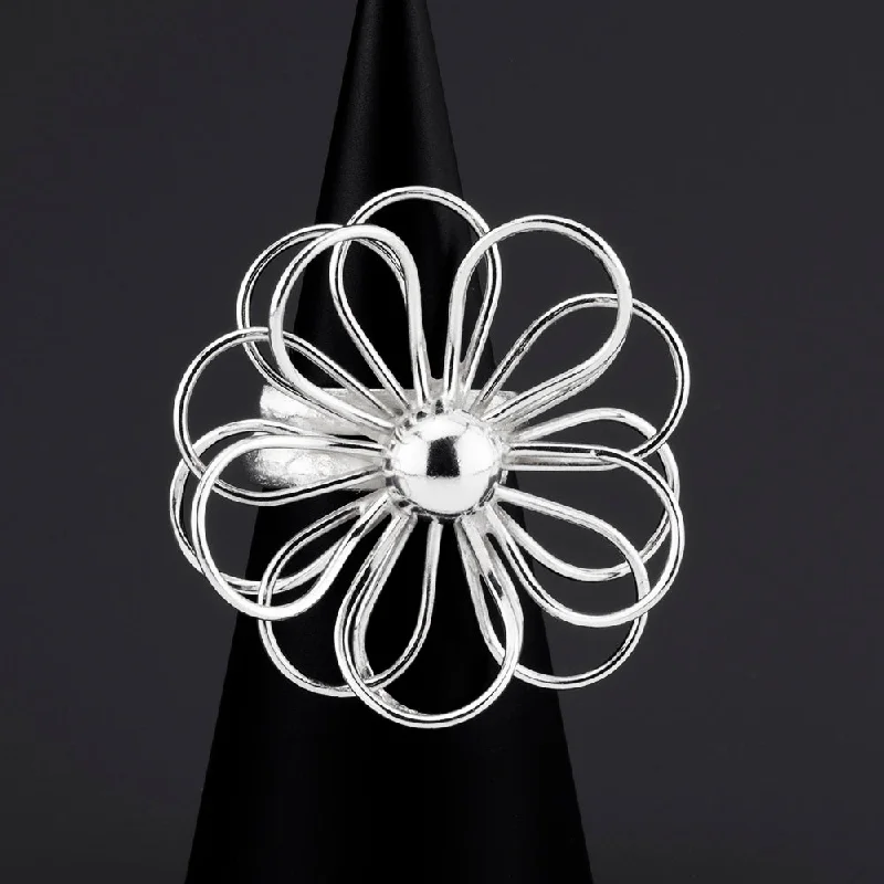 women anniversary diamond rings -Large Sterling Silver Daisy Flower Wire Ring