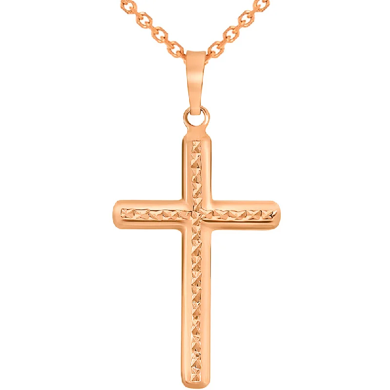 women vintage necklaces -14k Rose Gold Textured Religious Classic Cross Pendant Necklace with Rolo Cable Chain