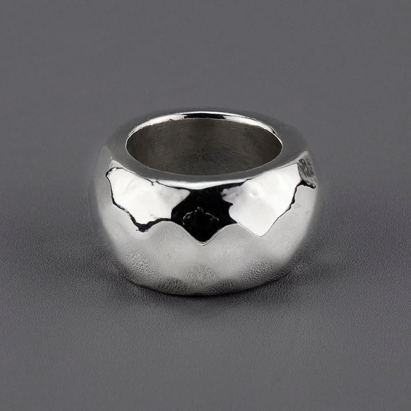 women wide band rings -Chunky Faceted Silver Wide Band Ring