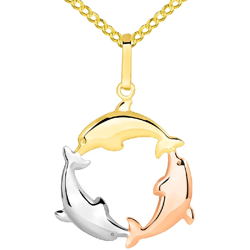 women delicate necklaces -14k Tri Color Gold 3D Three Dolphins Jumping Around Circle Pendant Necklace