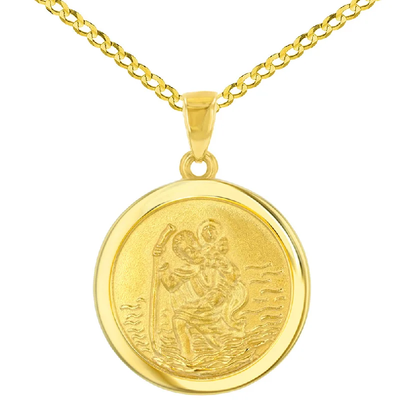 women monogram necklaces -14k Yellow Gold Round Saint Christopher Medal Pendant Cuban Chain Necklace