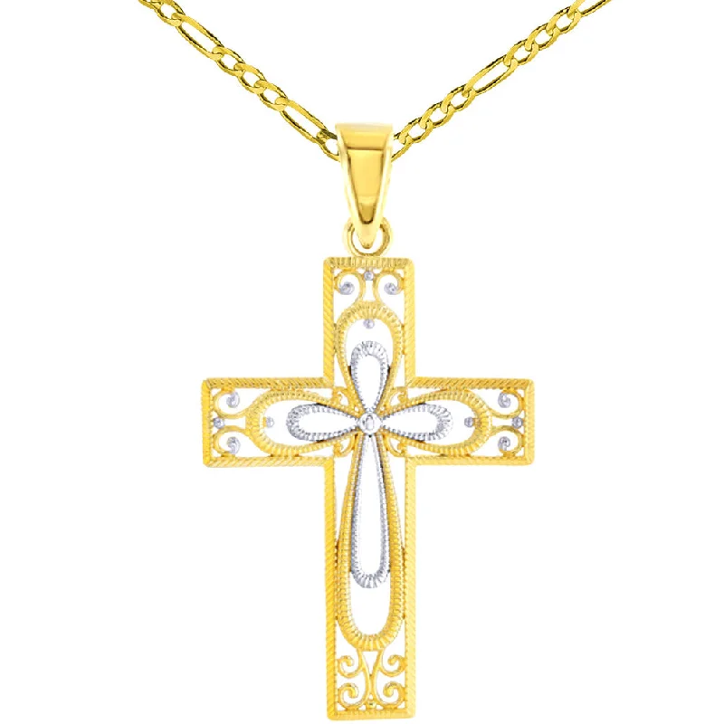 women crystal necklaces -14K Yellow Gold Textured Milgrain Filigree Cross Pendant FIgaro Necklace