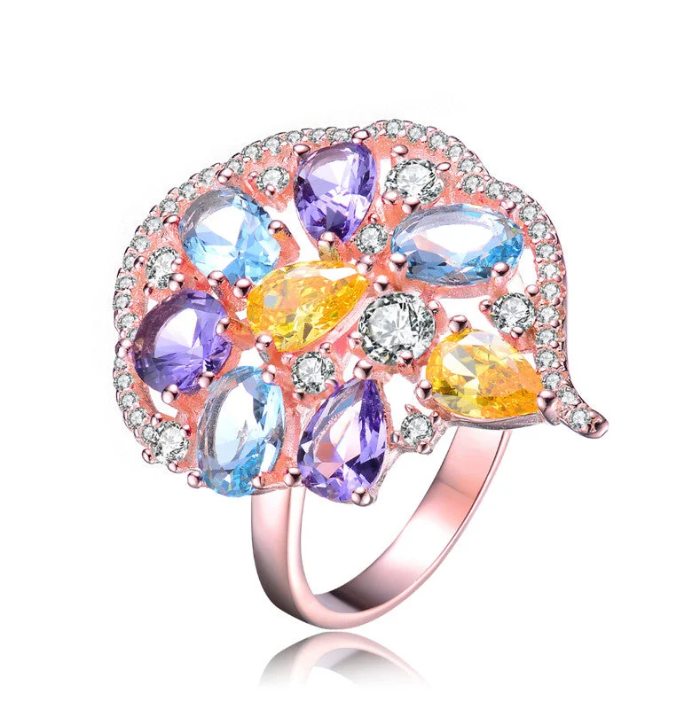 women engagement rings with emeralds -GENEVIVE Sterling Silver Rose Gold Plated Multi Colored Cubic Zirconia Coctail Ring