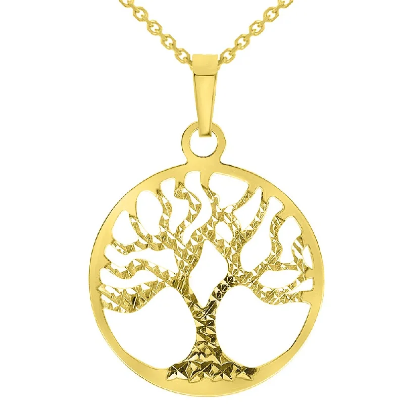 women lock necklaces -Solid 14k Yellow Gold Textured Reversible Round Tree of Life Pendant Necklace Available with Rolo Chain