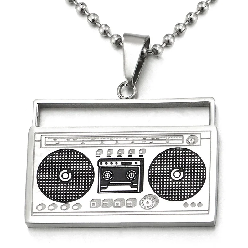 women birthstone necklaces -Steel Silver Black Cassette Player Pendant Necklace for Men Women with 30 inch Ball Chain