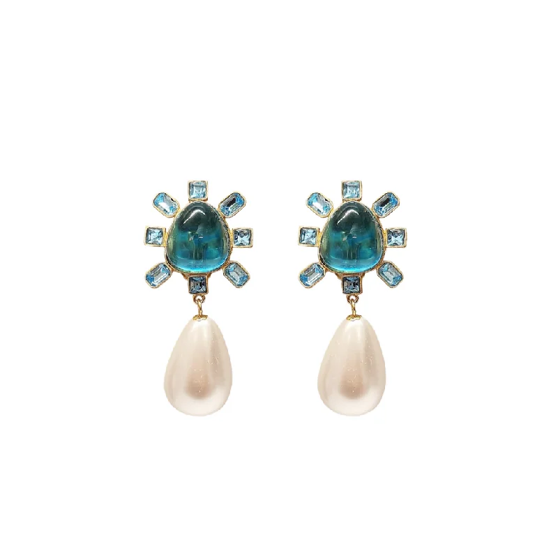 women lock necklaces -Aqua and Aqua Cabochon Center Pearl Drop Clip Earring