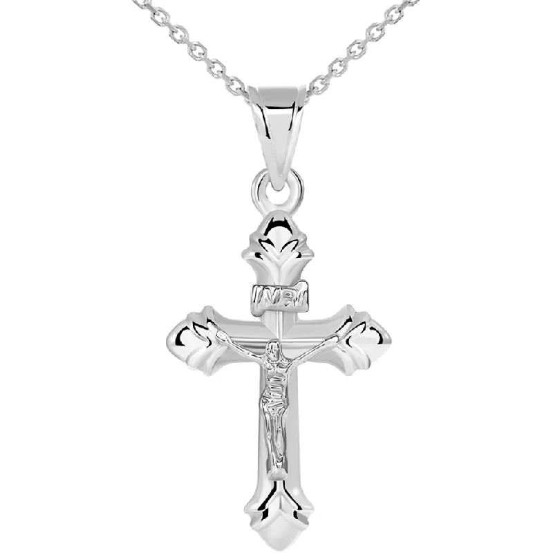 women heart-shaped necklaces -14k White Gold INRI Fleur-de-Lis Crucifix Cross Pendant Necklace