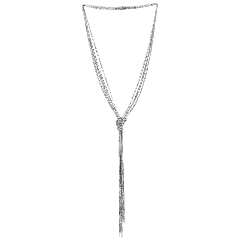 women flower necklaces -Chic Silver Lariat Necklace Tassel Pendant with Rhinestones, Multi-strand Long Chains Y-Shape