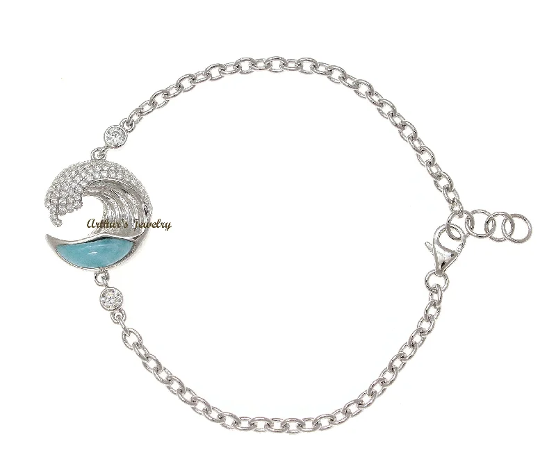 women adjustable bangle sets -SOLID 925 SILVER GENUINE NATURAL LARIMAR HAWAIIAN OCEAN WAVE BRACELET CZ 17MM