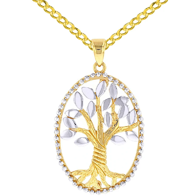 women matching necklaces -Jewelry America Solid 14K Two-Tone Gold Oval Tree of Life Pendant Necklace