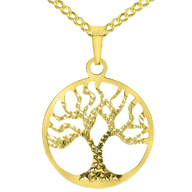 women engraved gold necklaces -Solid 14k Yellow Gold Textured Reversible Round Tree of Life Pendant Necklace Available with Curb Chain