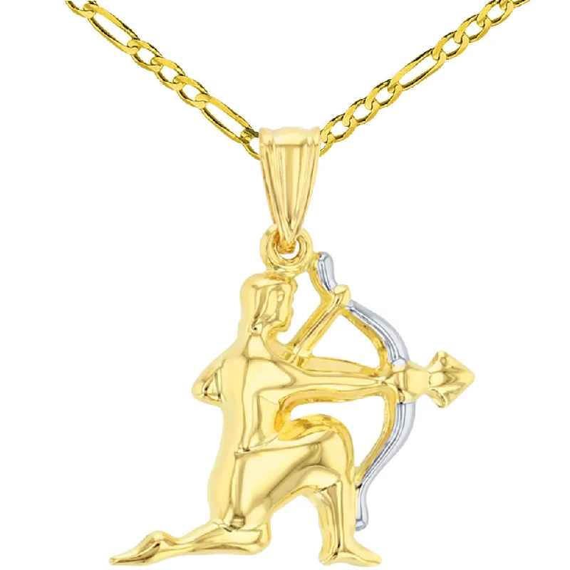 women adjustable necklaces -High Polish 14K Yellow Gold Sagittarius Zodiac Sign Charm Pendant Figaro Chain Necklace