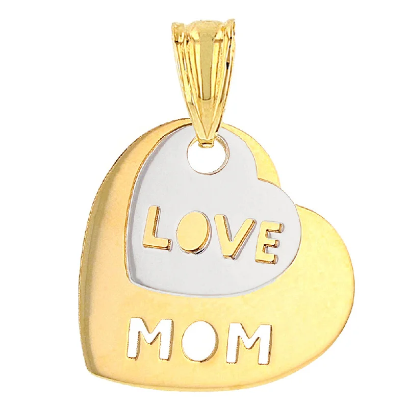 women unique charm necklaces -Solid 14K Two-Tone Gold Love Mom Double Heart Pendant Necklace