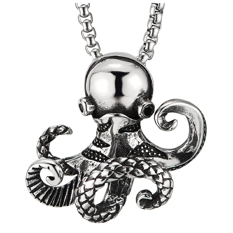 women artistic necklaces -Mens Womens Stainless Steel Vintage Solid Octopus Pendant Necklace with 23.6 inches Wheat Chain