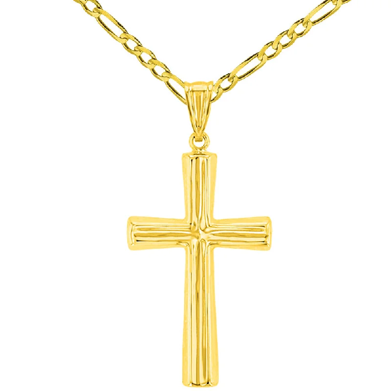 women eco-friendly necklaces -Polished 14K Yellow Gold Plain Religious Cross Pendant with Figaro Chain Necklace