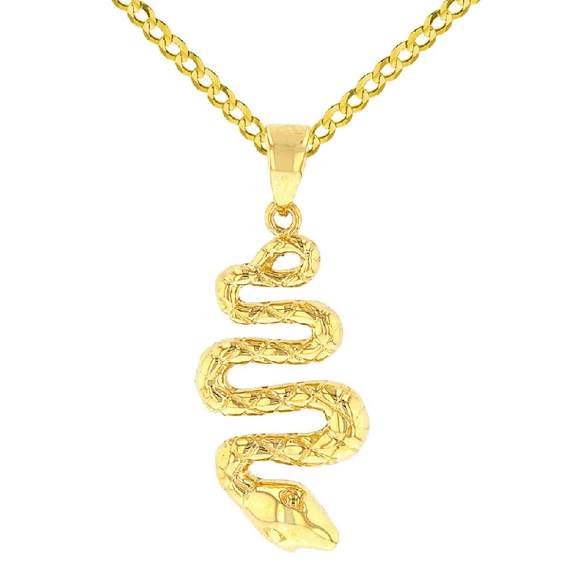 women minimalist pendant necklaces -14K Yellow Gold Polished Snake Charm Animal Pendant with Cuban Chain Necklace