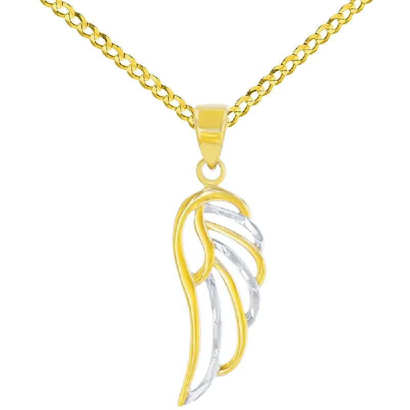 women long necklaces -Solid 14k Yellow Gold Textured Angel Wing Charm Pendant Cuban Chain Necklace