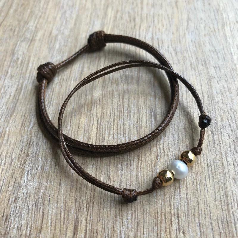 women double band bracelets -Bal Harbor Set, Gold accents Brown Bracelets, Waterproof, His and Hers Bracelets, Pearl Bracelet, Matching Bracelets WC001545