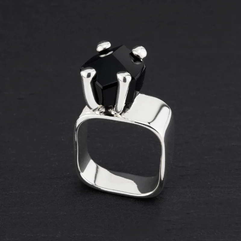 women personalized promise rings -Unique Sterling Silver and Black Onyx Prong Ring