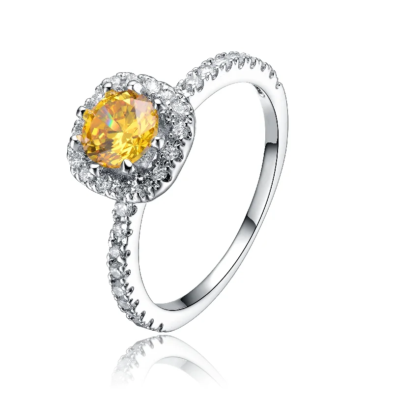 women cushion diamond rings -GENEVIVE Sterling Silver Yellow Cubic Zirconia Solitaire Ring