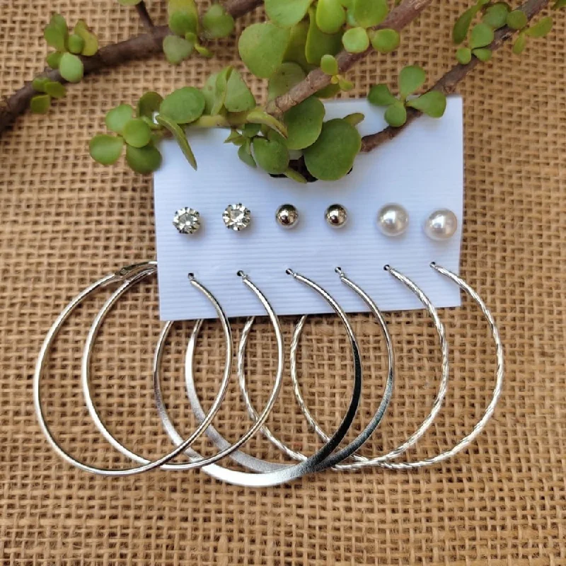 women cute stud earrings -Bevy Pearls Silver Plated Hoop Earrings Combo