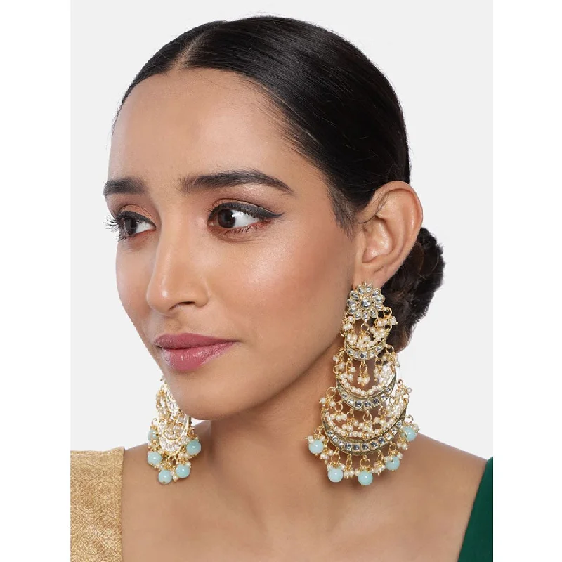 women silver drop earrings -Etnico 18k Gold Plated 3 Layered Beaded Chandbali Earrings with Kundan and Pearl Work for Women (E2859Sb)