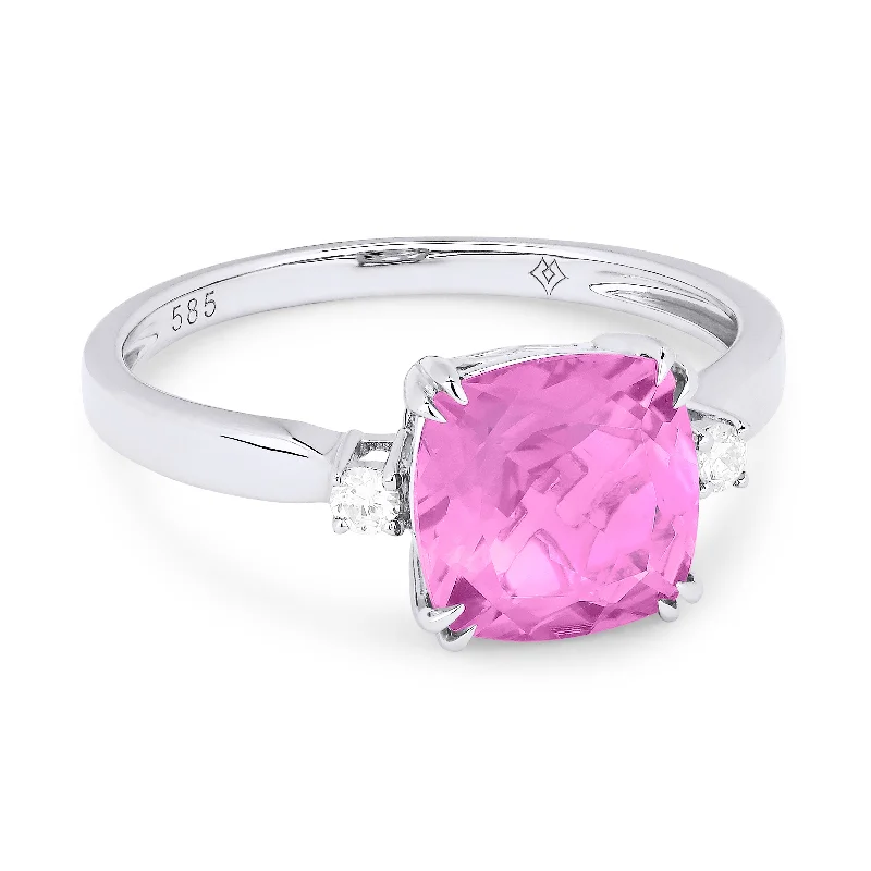 women engagement rings with side stones -14K White Gold,created Pink Sapphire Ring