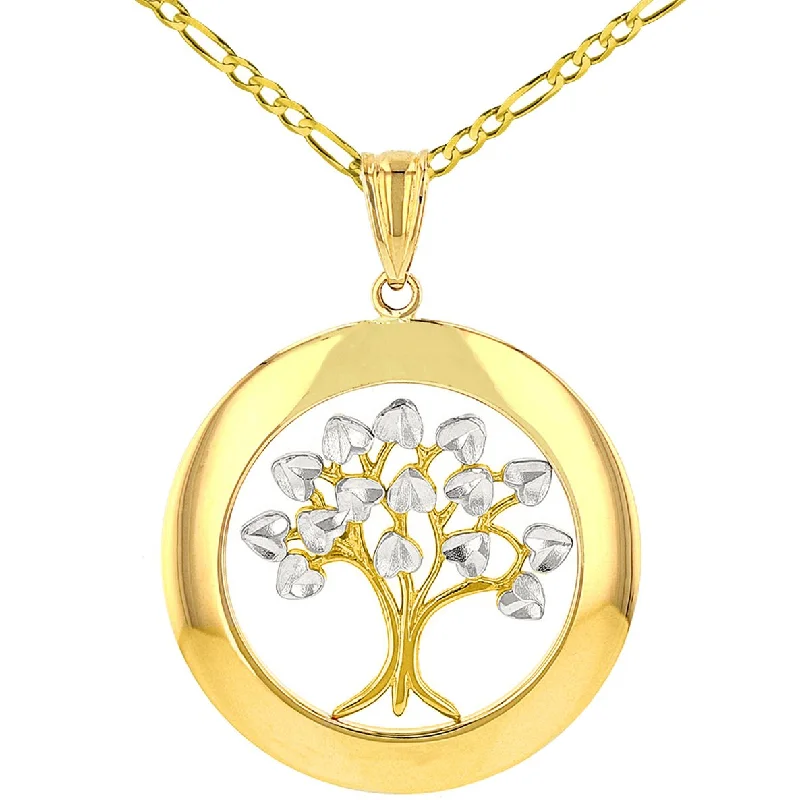 women link necklaces -Jewelry America High Polished 14K Yellow Gold Round Tree of Life Pendant Figaro Necklace