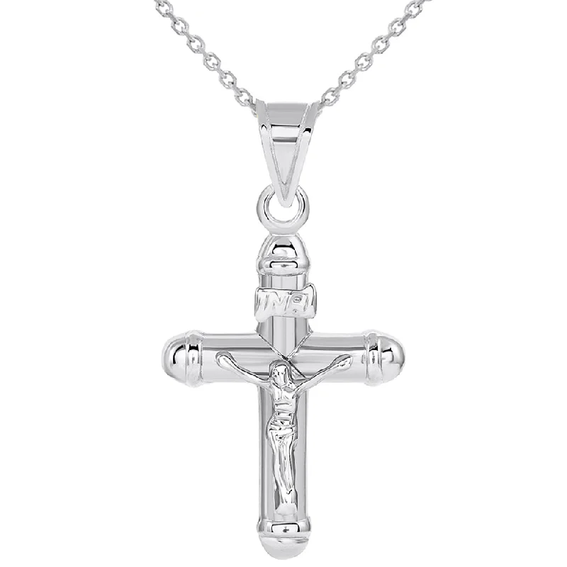 women wedding necklaces -14k White Gold Tubuar INRI Crucifix Religious Cross Pendant Necklace