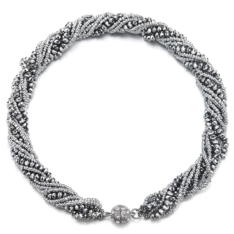 women lock necklaces -Silver Statement Necklace Multi-Layer Beads Crystal Braided Chain Choker Collar Magnetic Clasp