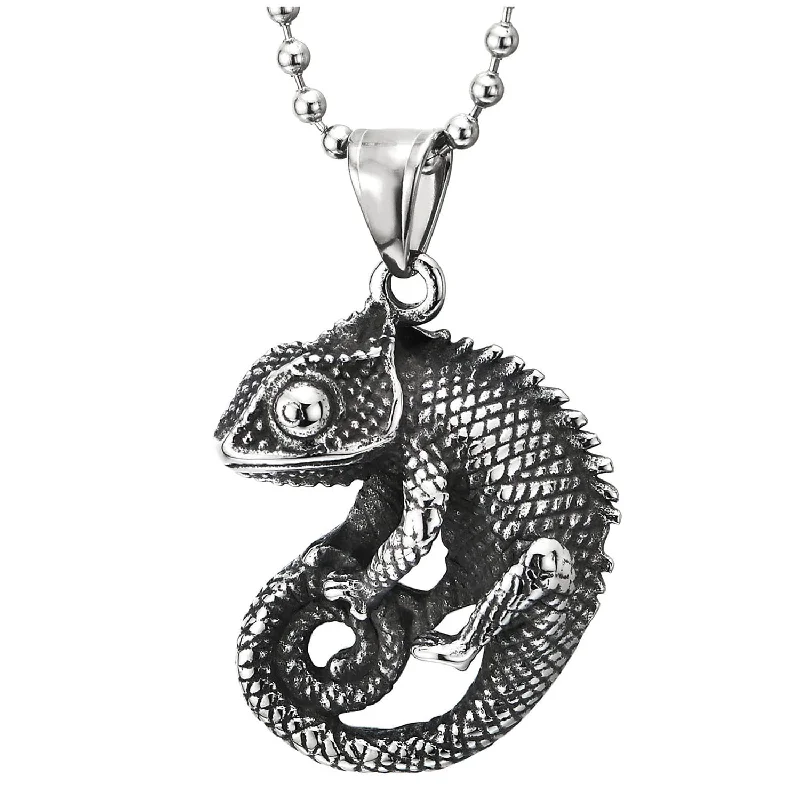 women statement necklaces -Mens Stainless Steel Lizard Chameleon Pendant Necklace with 23.6 inches Ball Chain