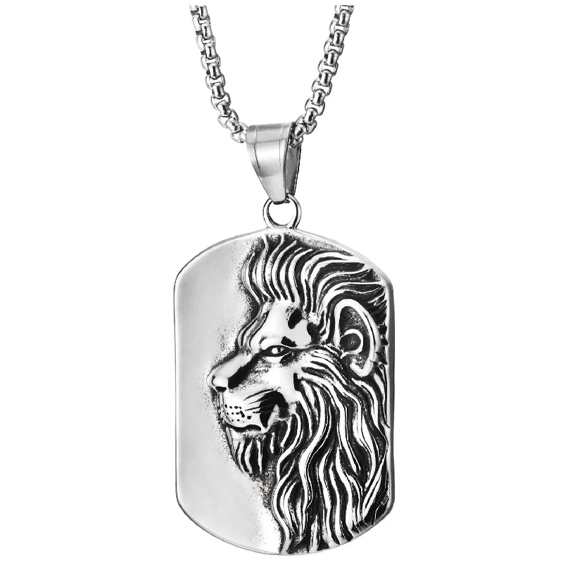 women casual necklaces -Men Women Stainless Steel Vintage Convex King Lion Head Dog Tag Pendant Necklace, 30 in Wheat Chain