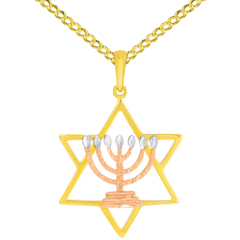 women luxury necklaces -14K Yellow Gold and Rose Gold Jewish Star of David with Menorah Pendant with Cuban Chain  Necklace