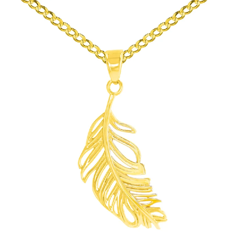 women rose gold pendant necklaces -Solid 14K Yellow Gold Textured Feather Charm Pendant Necklace