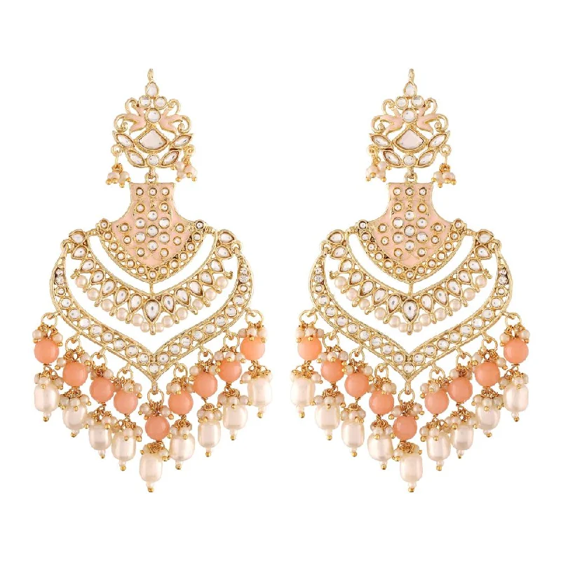 women stud earrings -Etnico Women's 18K Gold Plated Intricately Designed Traditional Long Earrings Enamel Glided with Kundans & Pearls (E2903) Peach