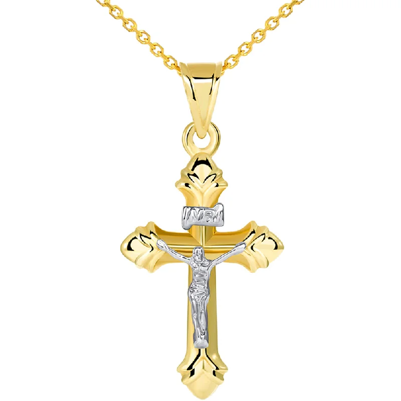 women infinity necklaces -14k Yellow Gold INRI Fleur-de-Lis Two Tone Crucifix Cross Pendant Necklace