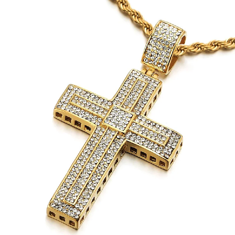 women flower necklaces -Mens Womens Steel Large Gold Cross Pendant Necklace with Cubic Zirconia and 30 inches Rope Chain