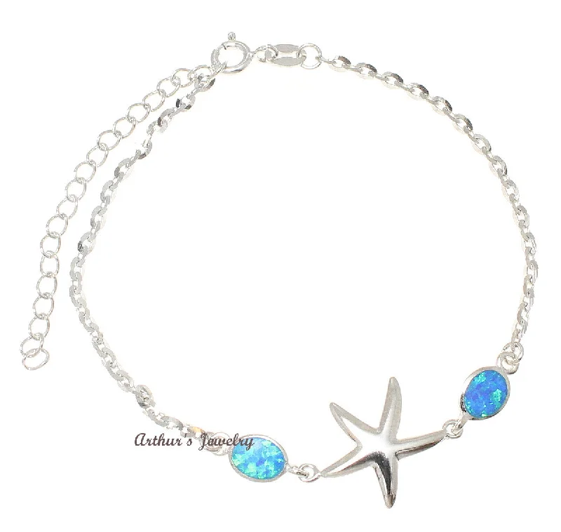 women gemstone bracelets -925 Silver Rhodium Hawaiian Starfish Sea Star Opal Link Chain Bracelet 7"+