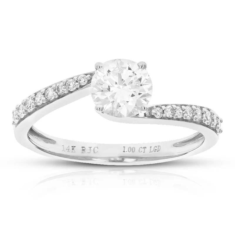 women alternative engagement rings -1 cttw Round Lab Grown Diamond Engagement Ring 17 Stones 14K White Gold Prong Set 3/4 Inch