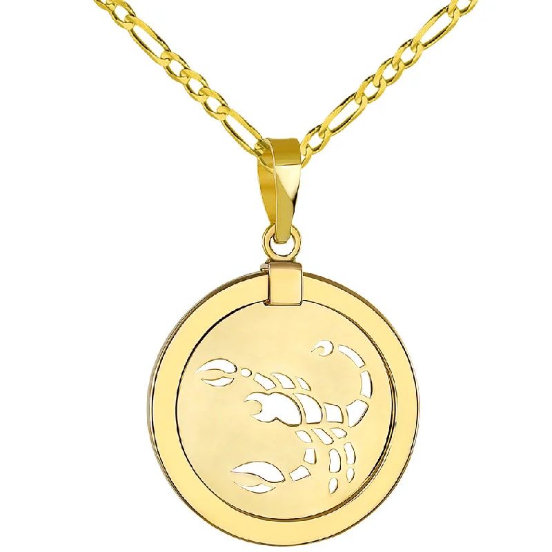 women designer necklaces -14K Yellow Gold Reversible Round Scorpion Scorpio Zodiac Sign Pendant with Figaro Chain Necklace