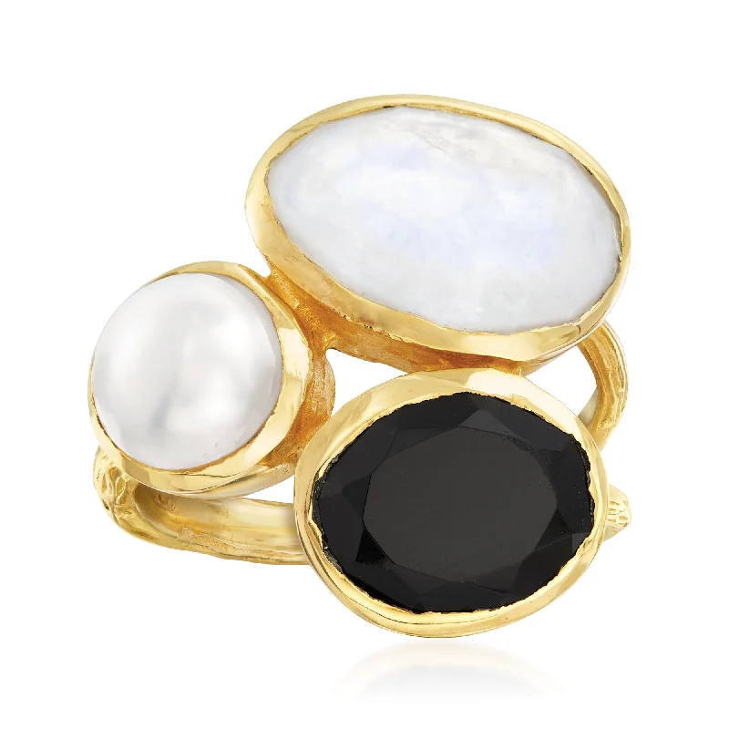 women trendy engagement rings -Ross-Simons 8mm Cultured Pearl, Black Onyx and Moonstone Ring in 18kt Gold Over Sterling