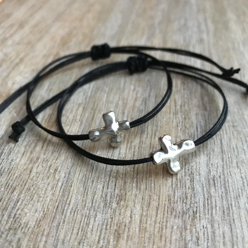 women statement bracelets -Cross Set, Black Cord Bracelets, His and her Bracelets, Silver Cross, Couple Bracelets WC001520