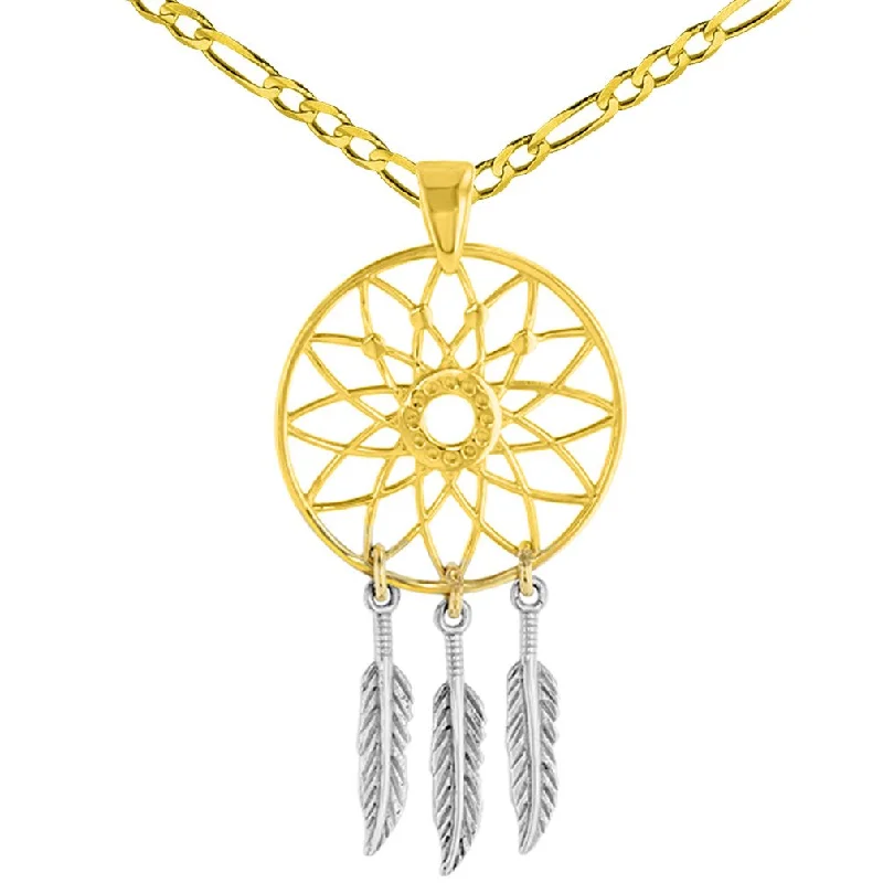 women pearl pendant necklaces -14K Two-Tone Gold Native American Dreamcatcher Charm Pendant with Figaro Necklace