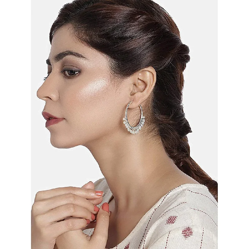 women hoop dangle earrings -Etnico Silver Plated Pearl Chandbali Earring for Women (E2628S)