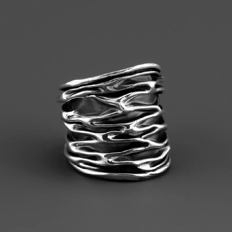 women anniversary rings -Extra Wide Corrugated Silver Band Ring